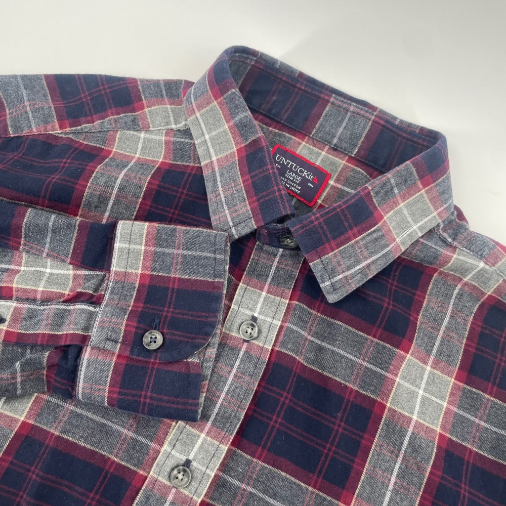 UNTUCKit Alentejo Shirt Mens Large Slim Fit Navy Red Plaid Cotton Button Down